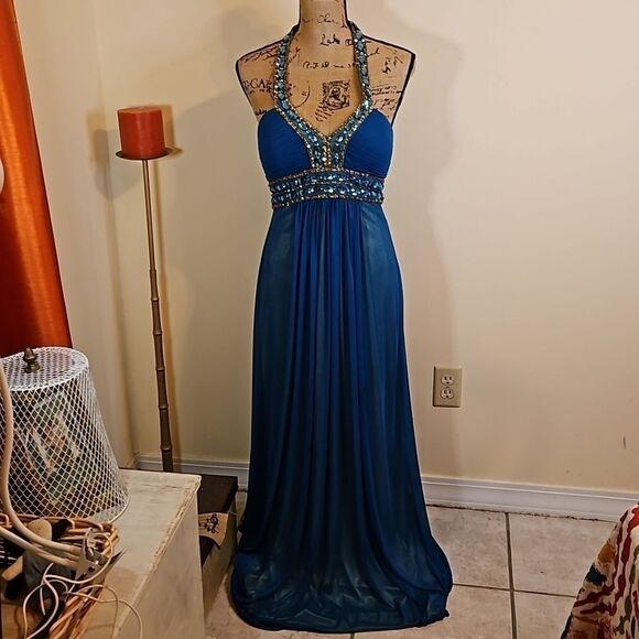 Cache Teal and lime bejeweled halter maxi gown size 4 - Picture 2 of 13